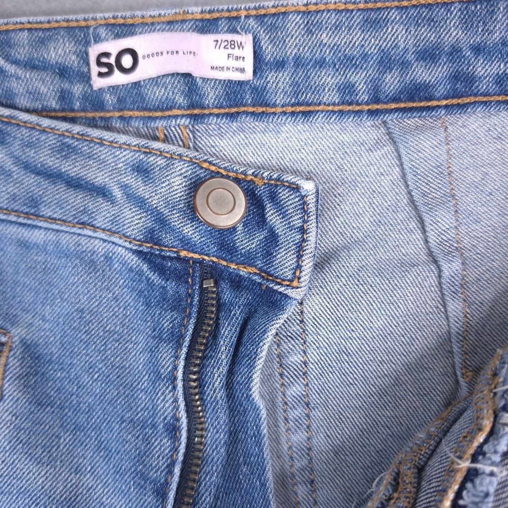 SO Flare Jeans High Rise Raw Hem Seam Front Light Wash Blue Size 7/28W Cotton - Picture 2 of 10